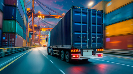 Back view of a container truck in motion, transporting shipping containers