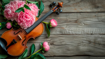 Classic violin music string instrumt with pink peony flowers on old  wooden background.