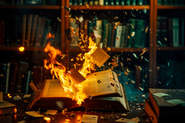Open book is on fire, pages are engulfed in flames. Concept of censorship, prohibition of freedom information.