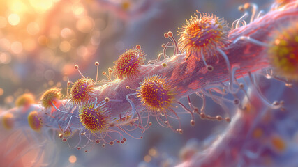 Obraz premium Microscopic view of viruses, cell regeneration and recovery research, microbiology concept