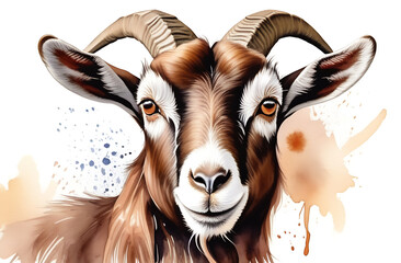 Close-up portrait of a brown goat with horns in watercolor style