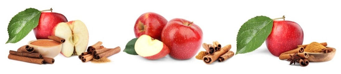 Aromatic cinnamon sticks, powder and red apples isolated on white, set