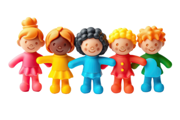 Cartoon children figurines holding hands, isolated on black.