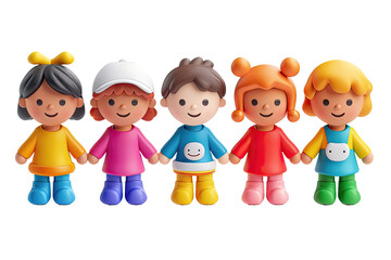 Colorful cartoon children figurines holding hands on black