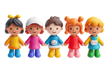 Colorful cartoon children figurines holding hands on black