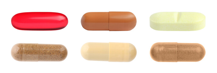 Vitamin. Many different pills isolated on white, set
