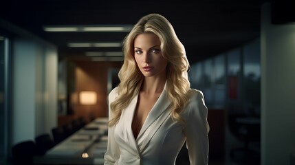 Female business professional standing against a white wall in an empty office. Ai generated