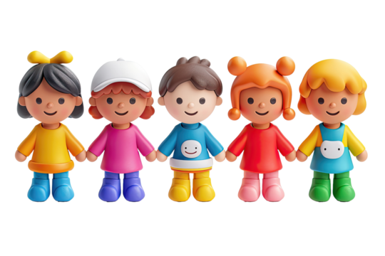 Colorful cartoon children figurines holding hands on black - Powered by Adobe