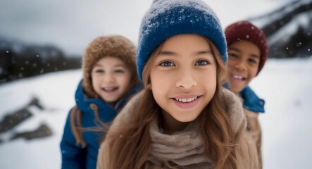 AI generated illustration of a group of playful children in winter coats, standing in the snow