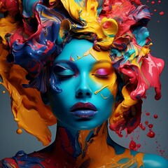 Attractive young woman with a unique makeup of colorful paint on her face. Ai generated