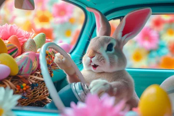 Foto op Plexiglas Cute bunny driving blue car full of Easter eggs, funny rabbit character, Easter cartoon Illustration © zamuruev