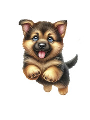 Happy jumping German Shepherd puppy. Watercolor illustration