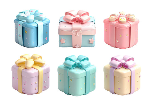Six pastel-colored gift boxes with star and floral patterns and ornate bows on a black background.