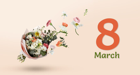 March 8 - International Women's Day. Greeting card design with bouquet of beautiful flowers on...