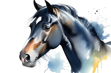 close-up portrait of a black horse in watercolor style