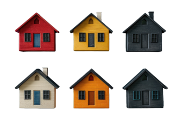 Six miniature house models in different colors and textures on a black background.
