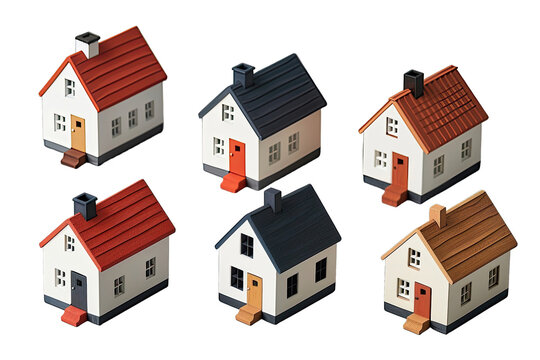 Six miniature cartoon-style houses in a variety of colors and roof textures on a black background.