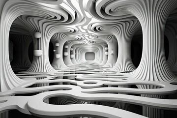 a black and white image of an architectural room with curves