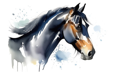 close-up portrait of a black horse in watercolor style