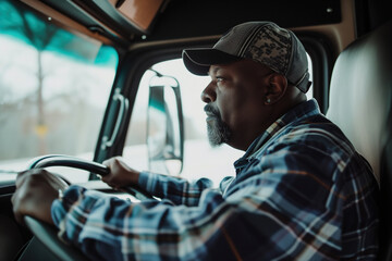 Focused african american truck driver at work - obrazy, fototapety, plakaty