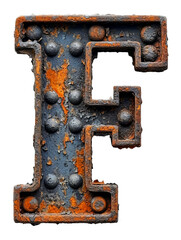 Letter F made of rusty metal in grunge style isolated on the white background.