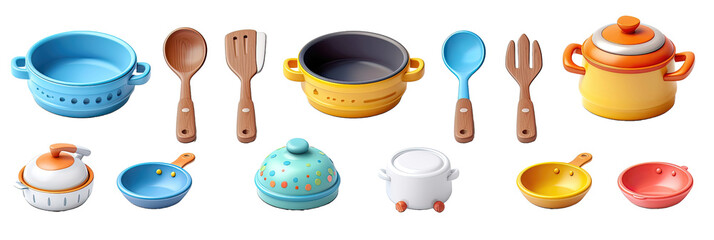 Assorted cartoon kitchenware in blue, orange, and yellow featuring pots, pans, and utensils. - obrazy, fototapety, plakaty