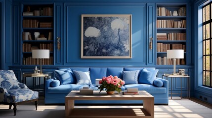 AI generated illustration of a modern living room interior in blue colors