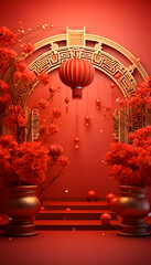 Obraz na płótnie Canvas Chinese new year lantern and flower in the red room. 3D rendering