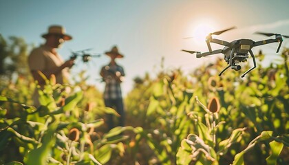 AI-Enhanced Crop Monitoring, AI-enhanced crop monitoring in precision agriculture with an image showing farmers using drones equipped with sensors and cameras to collect data on crop health and growth