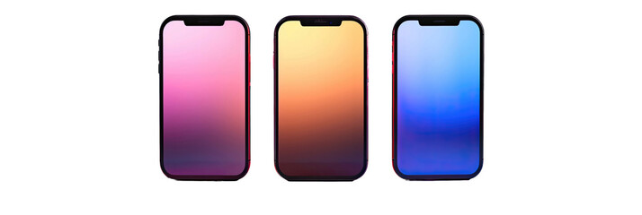 Three smartphones with gradient-colored back covers on a black background.