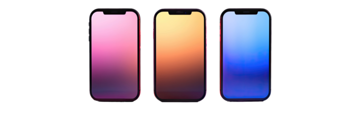 Three smartphones with gradient-colored back covers on a black background.