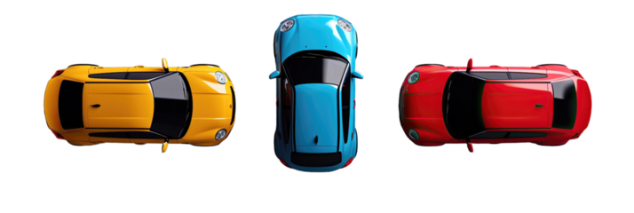 Top view of three sports cars in yellow, blue, and red colors.
