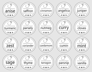 Labels or stickers  for jars of spices and herbs.Set of 20 vector stickers.Zest,vanilla,curry,cumin,mint,saffron etc. 