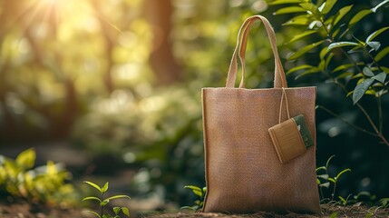An ecologically aware bag with a natural backdrop compiled of organic fibers like jute and space, Generative AI. - obrazy, fototapety, plakaty