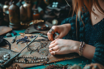 Closeup of woman's hand making jewelry - obrazy, fototapety, plakaty