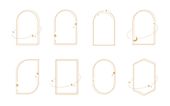 Modern minimalist aesthetic line elements, trendy linear frames with stars, geometric forms. Arch frame with sparkles for social media or poster design, simple decorative boho style border vector set