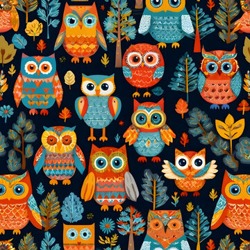 seamless pattern with owls cartoon  vector  illustration  ,Ai generated 
