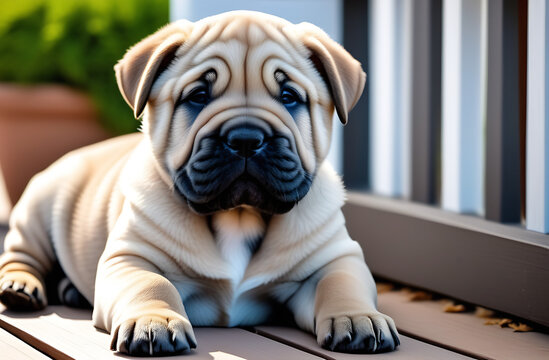 Sharpey's puppy is lying on the porch of the house. Made with the help of artificial intelligence. A high four. High quality photo