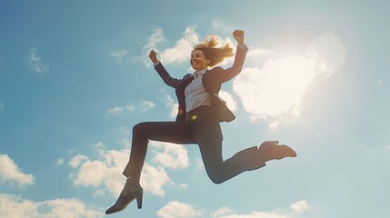 Young businesswoman jumping high on the sky background