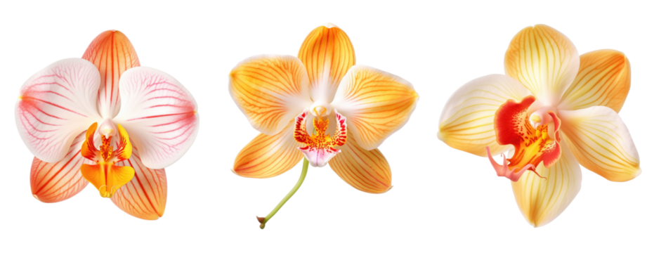 Set of colorful Orchid blossom, flower isolated on white and transparent background for crop image use.