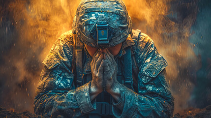 A man in military uniform prays with his hands folded.