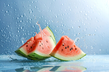 Pieces of juicy watermelon with splashes of water or juice and drops on blue background.