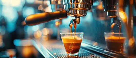 Fresh espresso is poured from the coffee maker into a cup in the morning light
