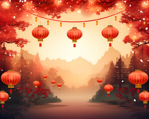 Fototapeta na wymiar Chinese lanterns in the foggy forest. illustration for your design