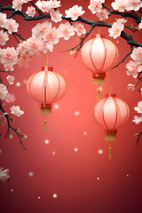 Chinese New Year background with cherry blossom and paper lanterns.