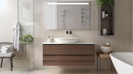 Fototapeta na wymiar Minimalistic Guest Bathroom with Floating Vanity and Frameless Mirror AI Generated.