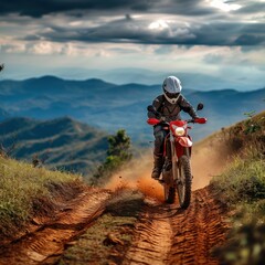 A person rides a trail motorbike, usually called a dual sport or all road, drifting on winding roads on top of extreme mountains with stunning views as a backdrop. Generative Ai