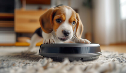 Cute purebred beagle puppy dog portrait on the living room laminate on the modern vacuum cleaner robot smart device while it cleaning floor Allergy prevention during home pets Fur Moulting concept.