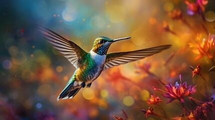 Fototapeta premium AI generated illustration of a vibrant hummingbird gliding over a lush garden