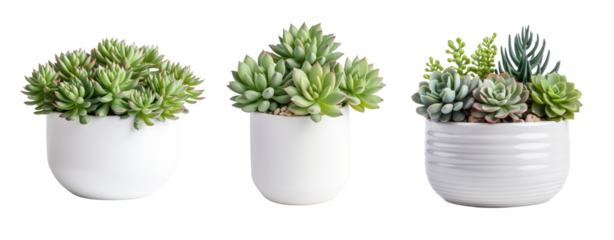 Set of lush succulent in a white pot with a white and transparent background that is extremely realistic and detailed. crop image use.